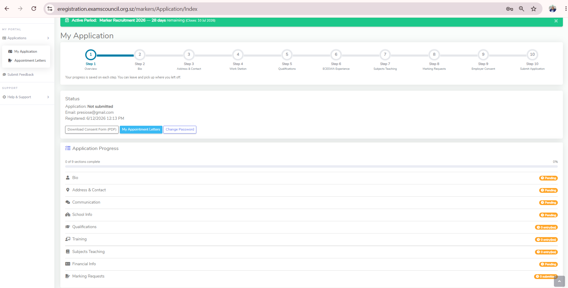 Applicant dashboard showing application progress